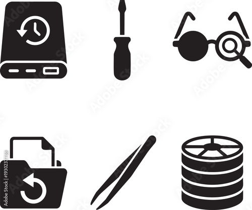 Data Recovery Service and Hardware Repair Tools Silhouette Icon Set Vector Illustration