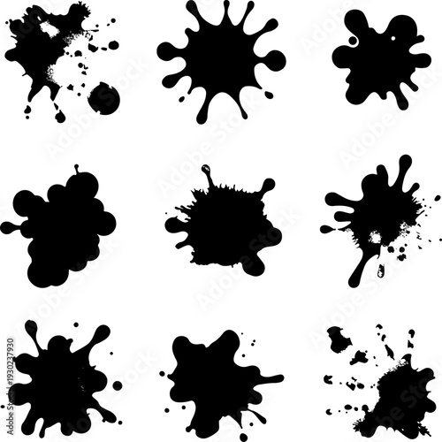 set of ink splashes, ink, paint, vector, splash, drop, design, blot, stain, splat, splatter, dirty, illustration, black, spot, silhouette, art, blood, element, liquid, texture, blob, pattern, spray, s