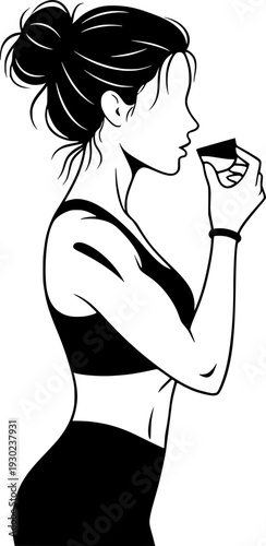 Side profile of a fit woman drinking from a small cup or shot glass. Minimalist black and white line art illustration of a healthy lifestyle, sports nutrition, or supplement routine.