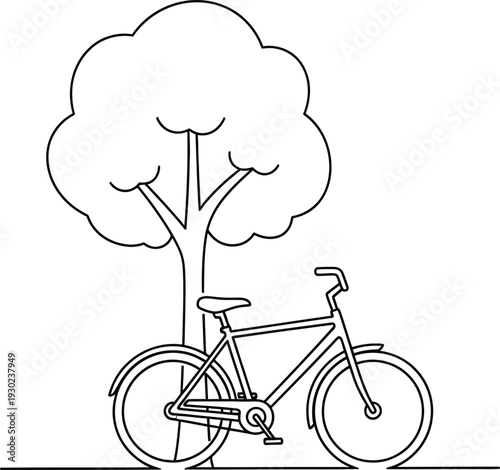 A simple line drawing of a bicycle parked beside a tree.