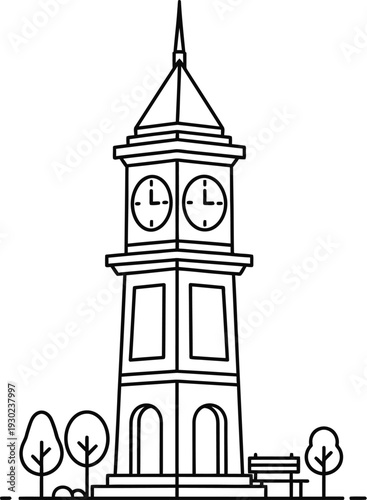 A simple black and white drawing of a clock tower with trees and a bench.