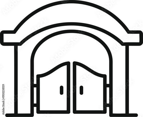 A simple line drawing of an arched doorway with double doors.
