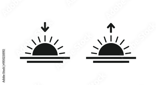 Simple vector graphic icons illustrating the concepts of sun setting and sun rising above horizon