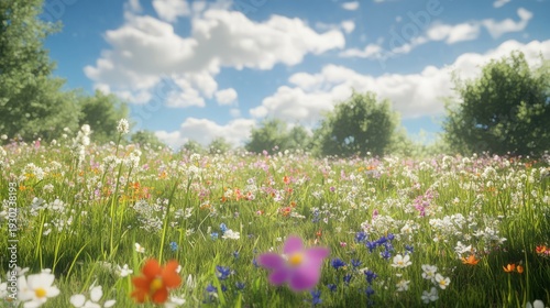 Vibrant wildflower meadow under a sunny sky with fluffy clouds