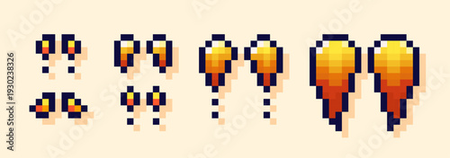 Color images of rocket flames drawn in different shapes. Pixel art space elements. 