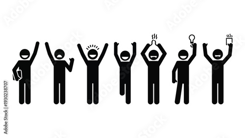 A group of people with their hands raised in celebration isolated on white background, Vector