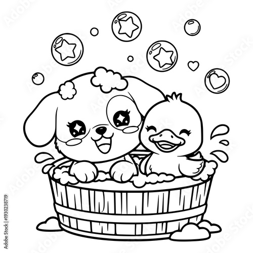Cute puppy and duckling enjoying bath time together happily