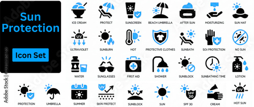 Sun Protection solid icon set. Seaside sun protection. Solid icon set of seaside sun protection: beach umbrella with sun, UV protection shield, shaded lounge area, sunscreen bottle, wide