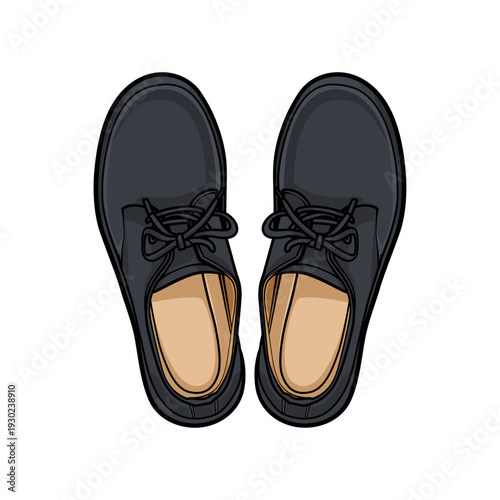 Colored vector illustration of a pair of black formal oxford dress shoes with laces from a top view. Perfect for flat lay UI design, retail catalogs, and elegant menswear mockups.