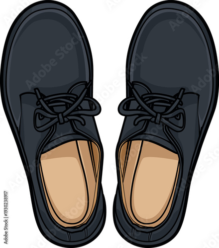 Colored vector illustration of a pair of black formal oxford dress shoes with laces from a top view. Perfect for flat lay UI design, retail catalogs, and elegant menswear mockups.