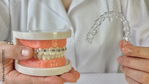 Tableau sur toile A hand holds a clear dental aligner next to a model of teeth with braces