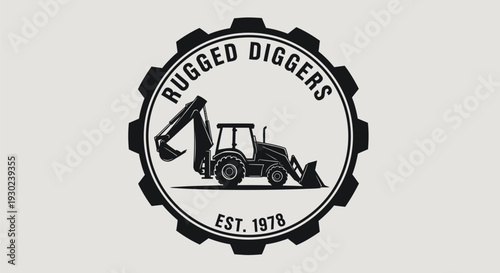 Rugged Diggers Est 1978 Logo with Backhoe Loader in Gear Shape.