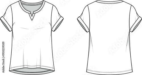 Women short sleeve top vector fashion flat sketch template featuring split neckline rolled cuffs and curved hem front back views