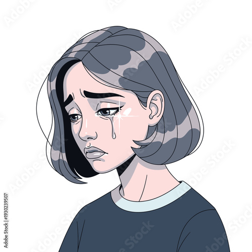 Crying Girl with Bobbed Hair Illustration.