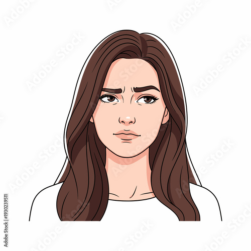 Illustration of a young woman with long brown hair and a worried or concerned expression on her face.