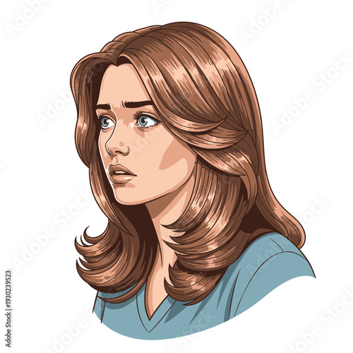 A detailed illustration of a young woman with long brown hair and blue eyes, looking concerned with a worried expression.
