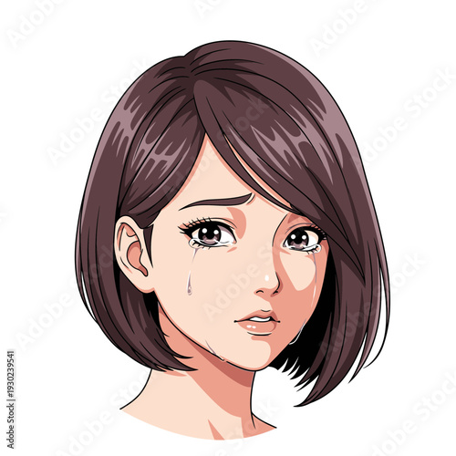 Close-up illustration of a young woman with short brown hair crying, with tears streaming down her face.