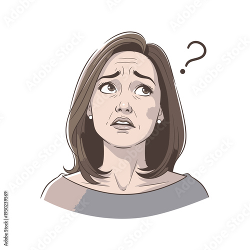 A woman with a confused expression and a question mark above her head, illustrating uncertainty or a dilemma.
