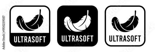 Ultra soft with feather icon set. High comfort structure, ultrasoft, ultra, thin, slim, softness, lightweight, sensitive skin, comfort fabric softener icons, label, logo, line, vector, illustration.