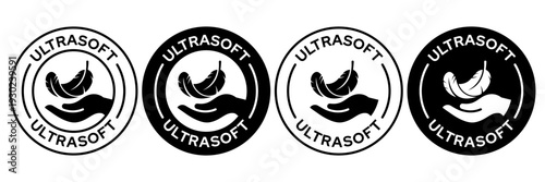 Ultra soft with feather icon set. High comfort structure, ultrasoft, ultra, thin, slim, softness, lightweight, sensitive skin, comfort fabric softener icons, label, logo, line, vector, illustration.
