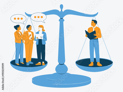 Justice and Ethical Decision Making with People Discussing on Scales Balanced Against a Man Reading a Book Flat Vector
