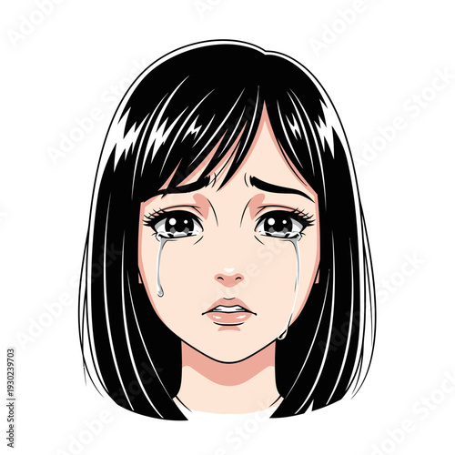 Sad crying young Asian woman face.