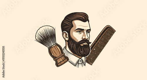Stylish Bearded Man with Shaving Brush and Comb Barbershop Illustration.