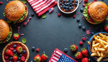 Festive picnic spread with burgers, fries, pie, and berries. Decorated with American flags and a striped napkin. Perfect for Fourth of July or summer celebrations.
