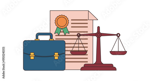 Legal system and justice concept vector illustration featuring a briefcase, document, and scales of justice graphic