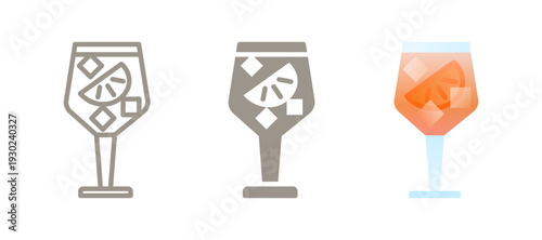 Aperol spritz cocktail icon. Line, glyph and filled outline colorful aperol version with orange slice and ice cubes in glass. Bar symbol, logo illustration. Different style icons set.