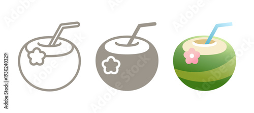 Coconut drink icon. Line, glyph and filled outline colorful Coconut juice version with straw and flower in fresh coconut. Tropical beverage symbol, logo illustration. Isolated Vector Pictogram. 