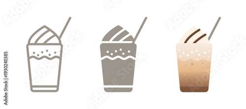Frappe iced coffee drink icon. Line, glyph and filled outline colorful frothy frappe version with whipped cream and straw in cup. Summer drink symbol, logo illustration. Isolated Vector Pictogram. 
