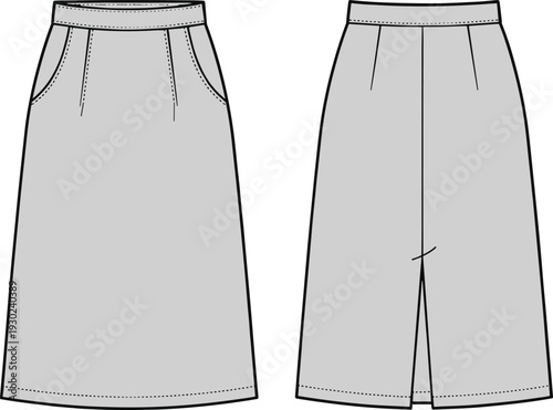 Technical fashion flat sketch of modern women’s skirt design with waistband, side pockets, seam detailing, and back slit, garment construction drawing for sewing patterns