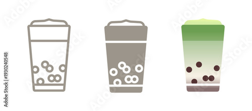 Matcha bubble tea icon. Line, glyph and filled outline colorful version with tapioca pearls, straw and milk in cup. Trendy drink symbol, logo illustration. Bubble milk tea beverage.
