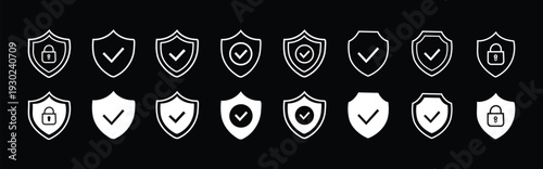 Security shield icon set. Shield check mark symbols. Protection and padlock logotypes. Vector illustration.