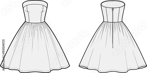 Strapless women’s dress fashion illustration showing front and back views with fitted bodice, princess seams, gathered skirt, zipper closure, garment construction, apparel design vector