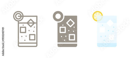 Sparkling water icon. Line, glyph and filled outline colorful version, fizzy soda water with lemon slice and ice cube vector sign for UI, web, app
