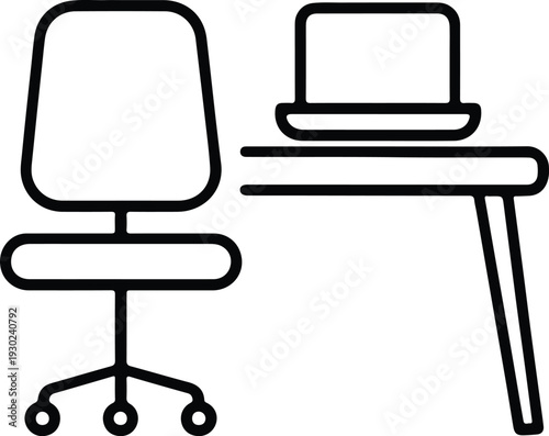 Simple line icon of an office desk with laptop and swivel chair for remote work or home office setup