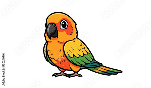 A colorful parrot illustration with vibrant feathers and a black beak