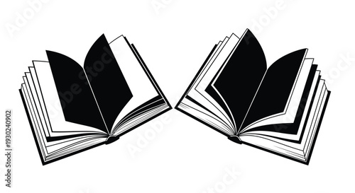 Two open books facing each other in a black and white illustration