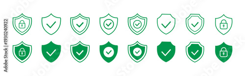 Security shield icon set. Shield check mark symbols. Protection and padlock logotypes. Vector illustration.