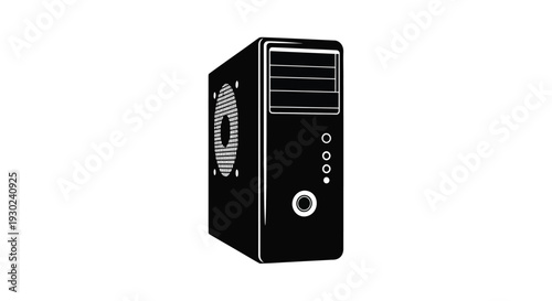 A black desktop computer tower with a fan and front panel details