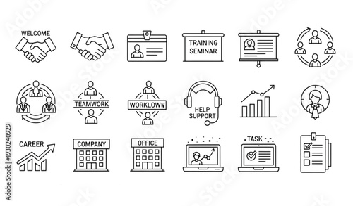 A set of business icons and illustrations for office and teamwork concepts