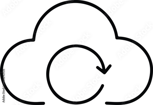 Cloud sync icon outline, simple line art drawing of a cloud with a circular arrow indicating synchronization or refresh process