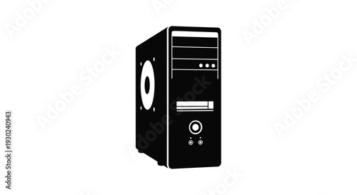 Black silhouette of a desktop computer tower on a white background