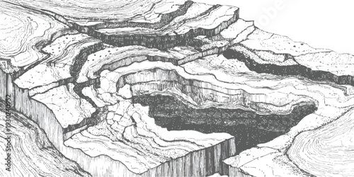 Vintage hand-drawn engraving style vector illustration of a deep canyon landscape with layered rock formations and geological strata