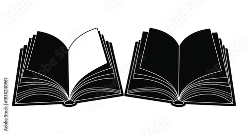 Two open books depicted in a minimalist black and white design