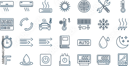 Air Conditioning and HVAC Line Icons Set with Cooling Heating and Climate Control Symbols Vector Collection