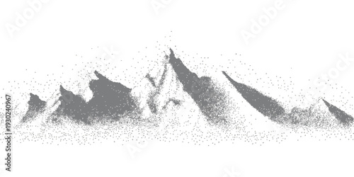 Minimalist mountain range silhouette with grungy stippled texture and distressed halftone effect isolated on white background vector illustration