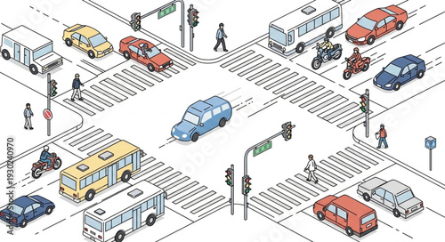 Busy City Street Intersection Scene.